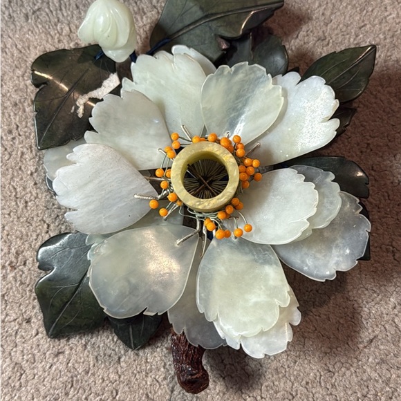 Vintage Carved Stone Jade Candleholder Centerpiece White Green Leaves